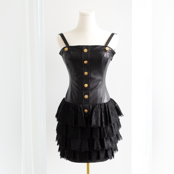 Chanel Vintage S/S 1987 Black Lambskin Leather Lace Gold Wheat Mini Dress - Picture 7 of 16